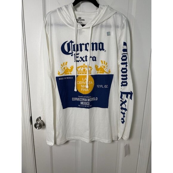 Men’s Corona Long Sleeve Hooded White Tshirt Large NWT - Picture 1 of 9